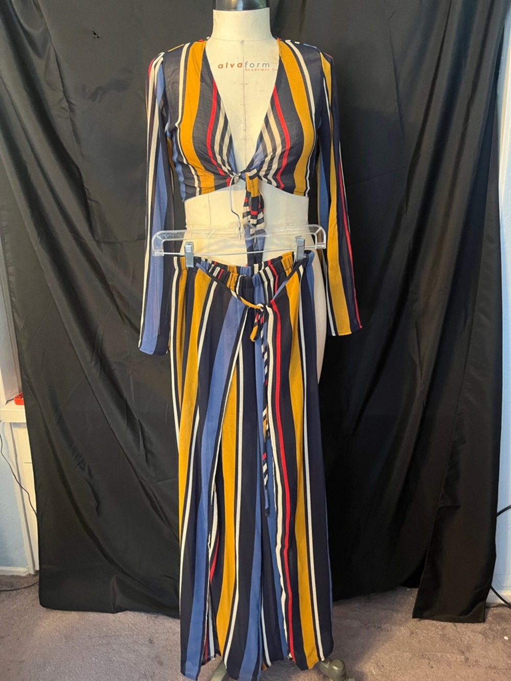 Striped Tie-Front Two-Piece Set in Mustard, Navy & Red. Split legs - Picture 1 of 5